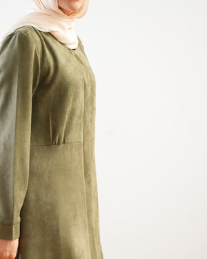 Front Buttoned Suede Dress Olive C86