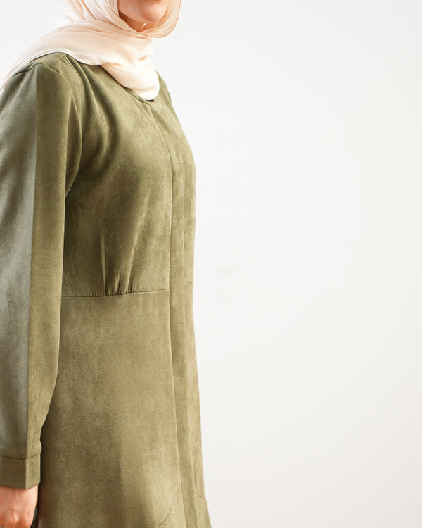 Front Buttoned Suede Dress Olive C86