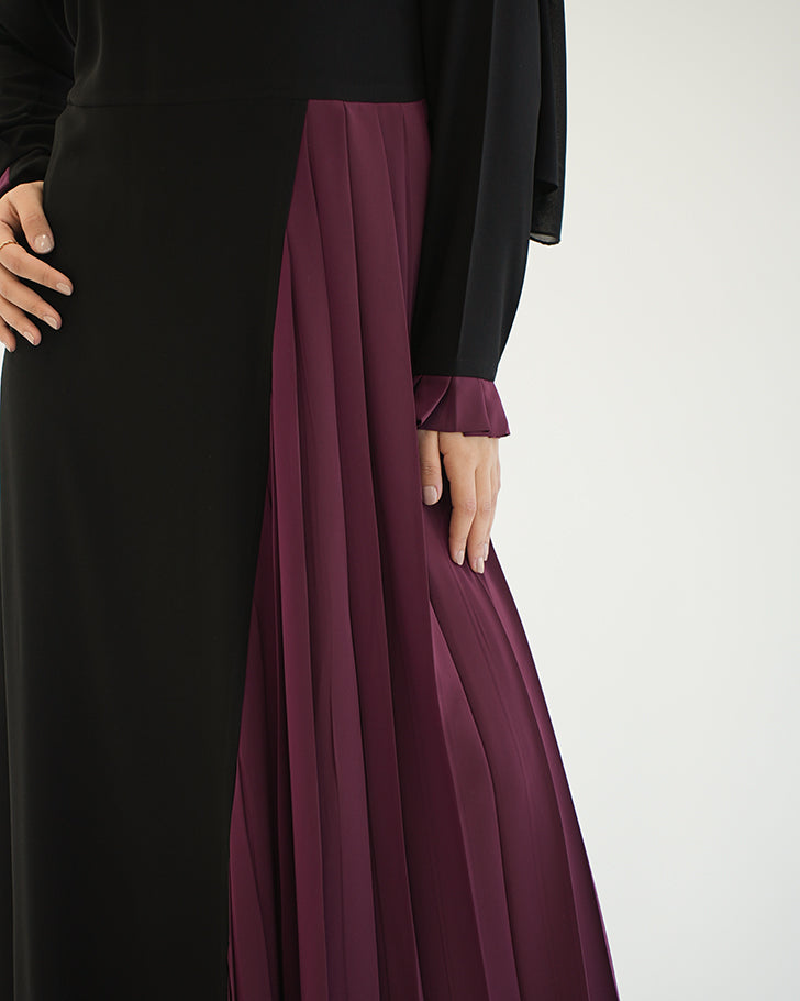 Asymmetrical Pleated Abaya Burgundy C104