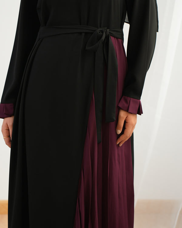 Asymmetrical Pleated Abaya Burgundy C104