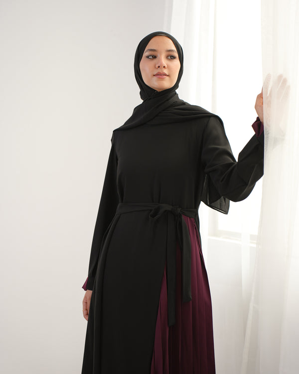 Asymmetrical Pleated Abaya Burgundy C104