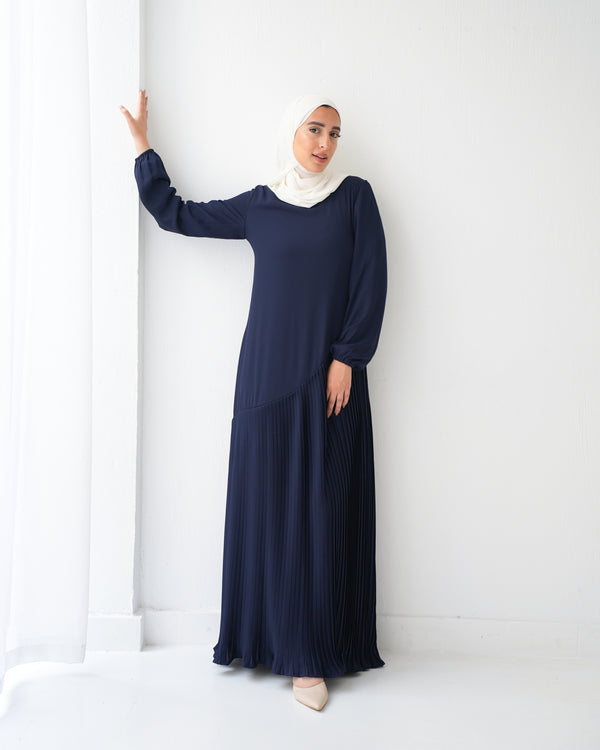 Pleated Chiffon Dress Navy C74