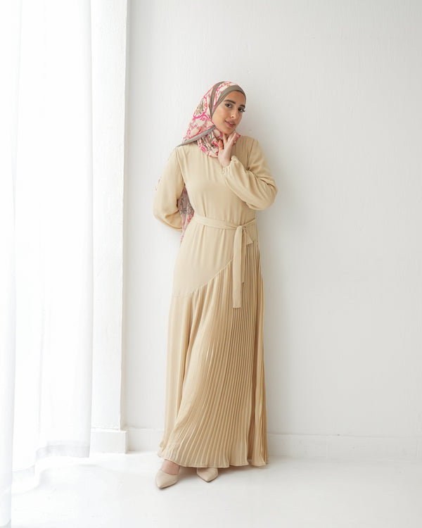 Pleated Chiffon Dress Sandy Beige C74