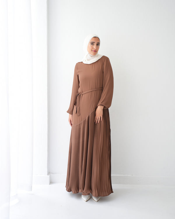 Pleated Chiffon Dress Brown C74