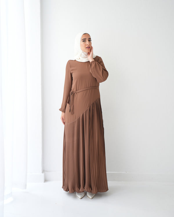 Pleated Chiffon Dress Brown C74