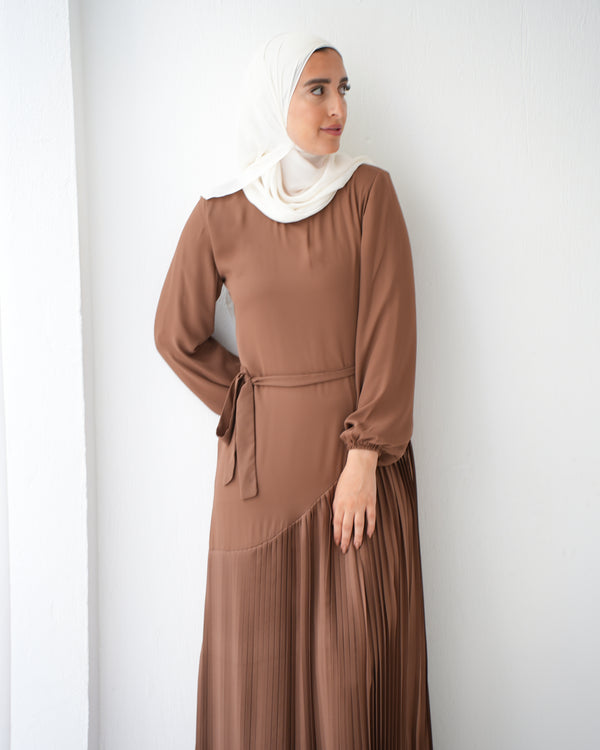 Pleated Chiffon Dress Brown C74