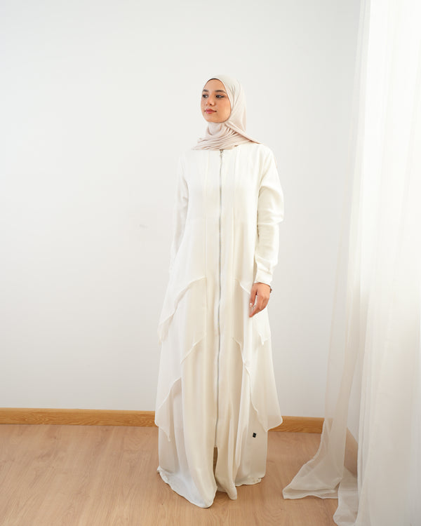 Layered Chiffon Abaya with Zipper White C161