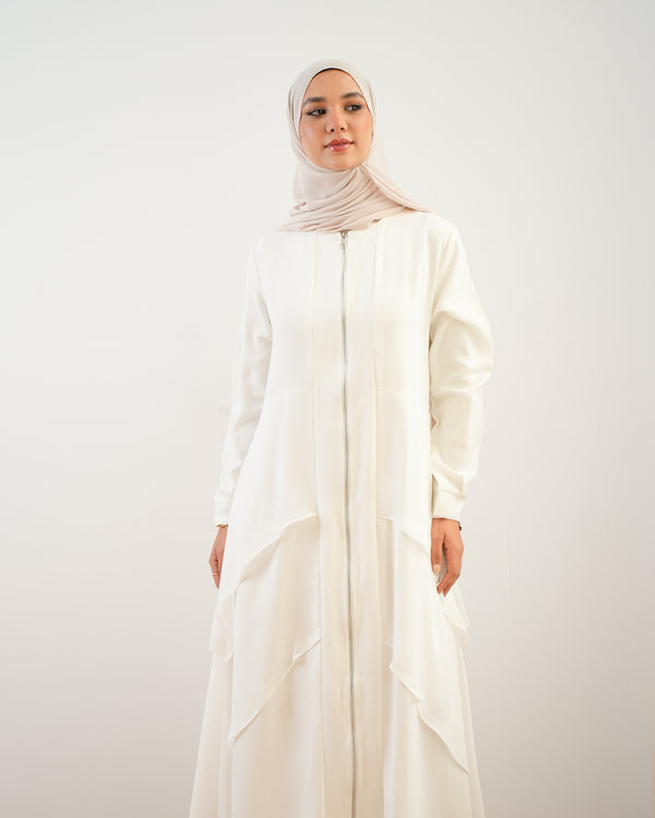 Layered Chiffon Abaya with Zipper White C161