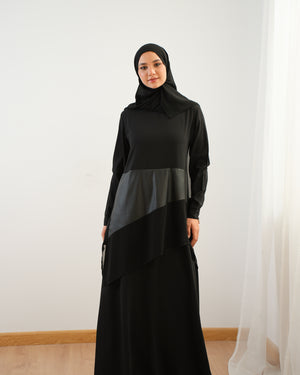 Crepe Abaya with Diagonal Leather Chiffon Detail C95