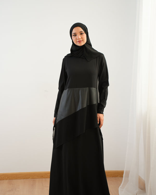 Crepe Abaya with Diagonal Leather Chiffon Detail C95