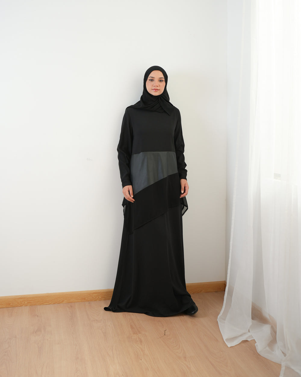 Crepe Abaya with Diagonal Leather Chiffon Detail C95