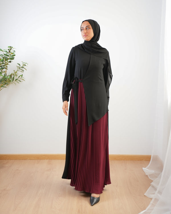 Side Wrap Pleated Abaya Maroon C113