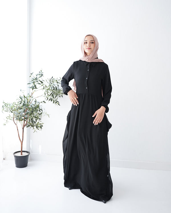 Front Button Abaya with Chiffon Side Drapes C5
