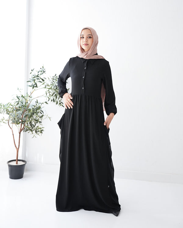 Front Button Abaya with Chiffon Side Drapes C5