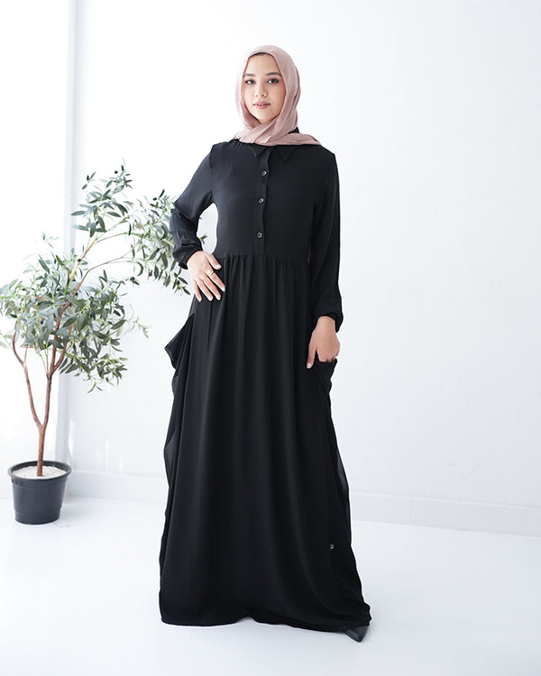 Front Button Abaya with Chiffon Side Drapes C5