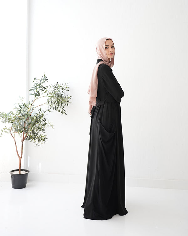 Front Button Abaya with Chiffon Side Drapes C5
