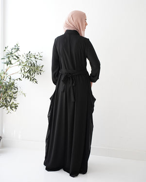 Front Button Abaya with Chiffon Side Drapes C5
