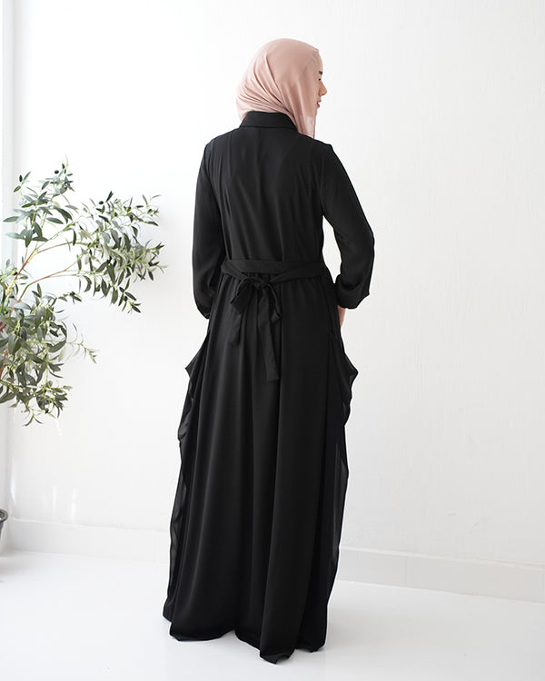 Front Button Abaya with Chiffon Side Drapes C5