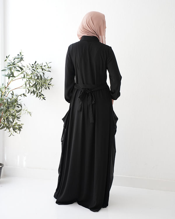 Front Button Abaya with Chiffon Side Drapes C5