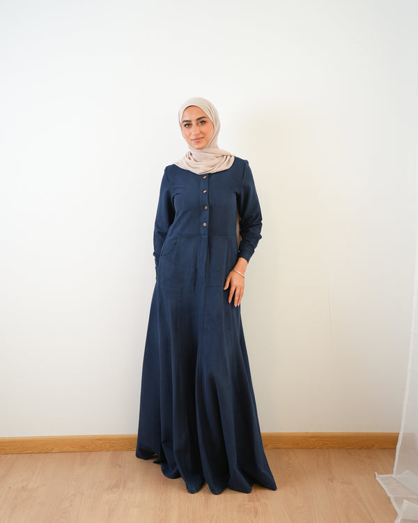 Modest Suede Buttoned Dress with Pockets Navy C140