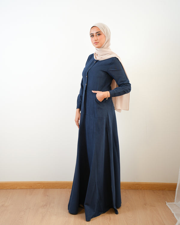 Modest Suede Buttoned Dress with Pockets Navy C140