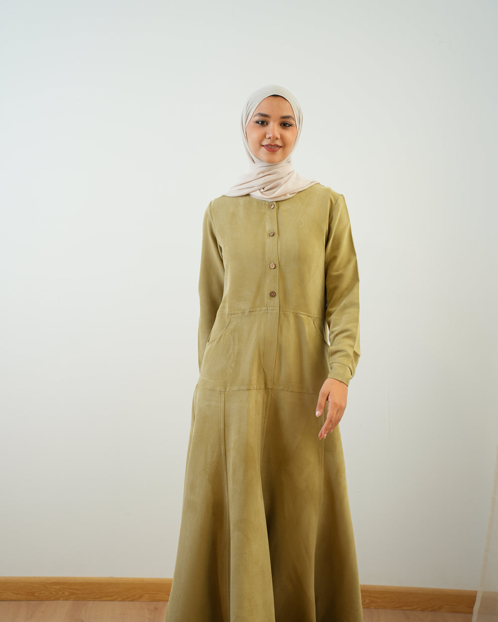 Modest Suede Buttoned Dress with Pockets Pistachio C140