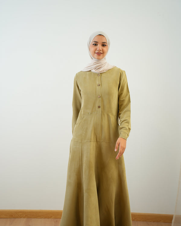 Modest Suede Buttoned Dress with Pockets Pistachio C140