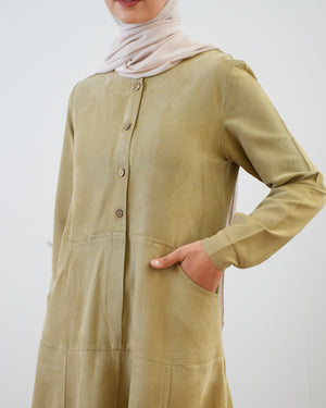 Modest Suede Buttoned Dress with Pockets Pistachio C140