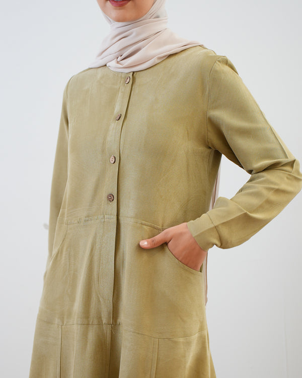 Modest Suede Buttoned Dress with Pockets Pistachio C140