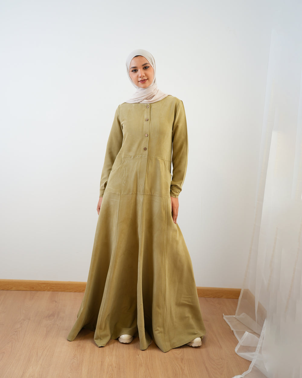 Modest Suede Buttoned Dress with Pockets Pistachio C140