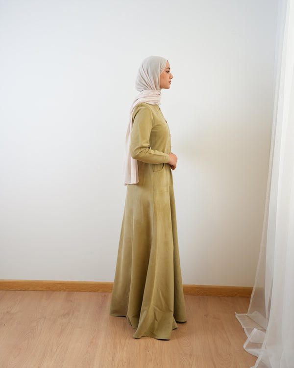Modest Suede Buttoned Dress with Pockets Pistachio C140