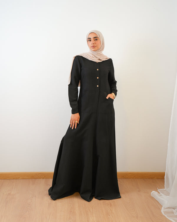 Modest Suede Buttoned Dress with Pockets Black C140