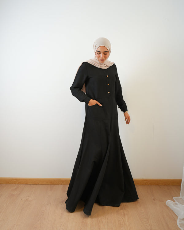 Modest Suede Buttoned Dress with Pockets Black C140