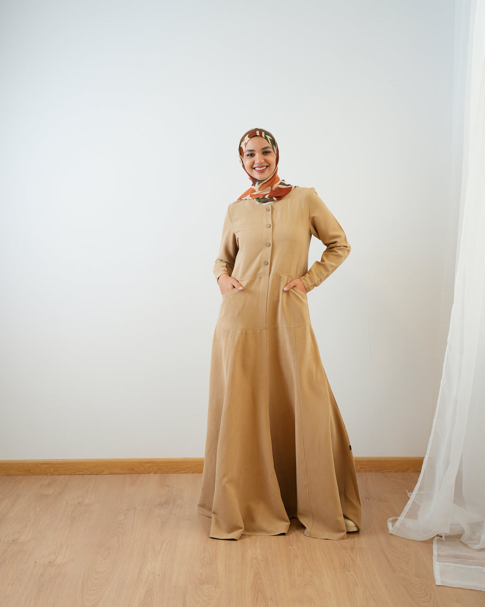 Modest Suede Buttoned Dress with Pockets Cafe C140