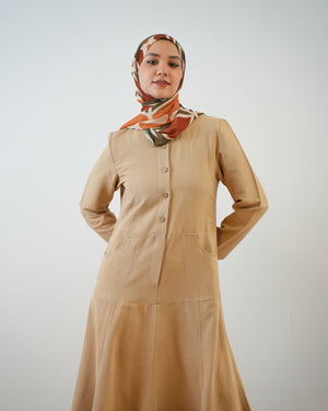 Modest Suede Buttoned Dress with Pockets Cafe C140
