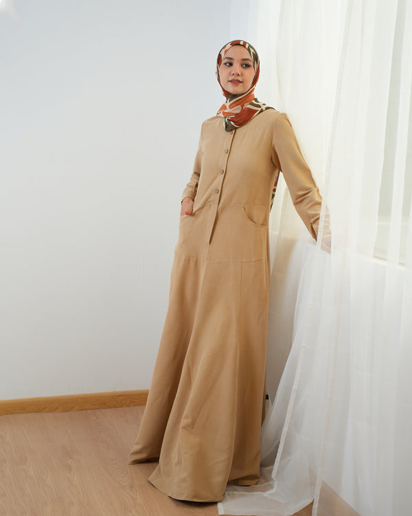Modest Suede Buttoned Dress with Pockets Cafe C140