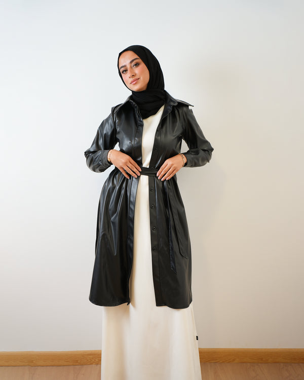 Back Pleated Leather Chemise Black C2342