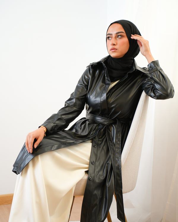 Back Pleated Leather Chemise Black C2342