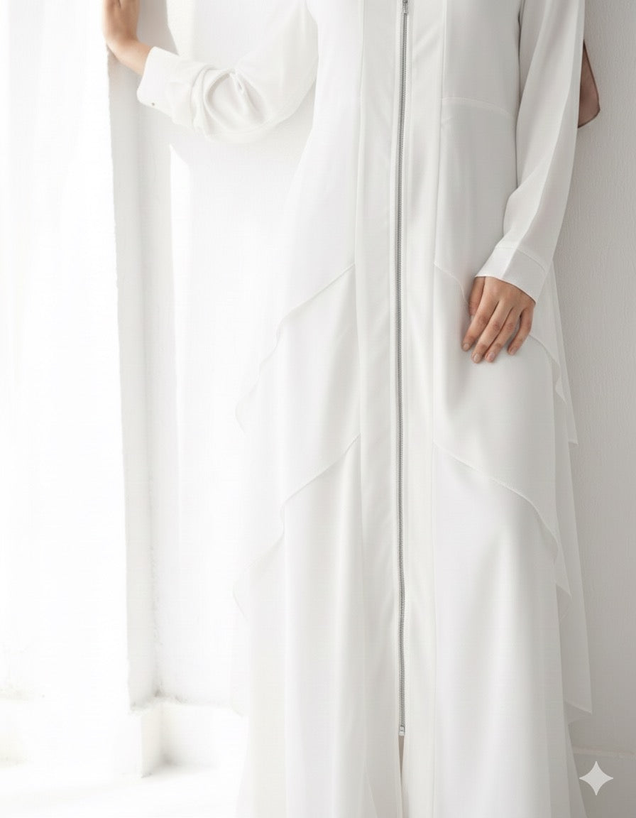 Layered Chiffon Abaya with Zipper White C161