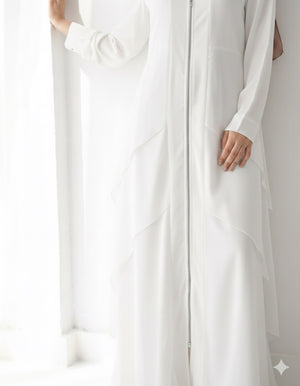 Layered Chiffon Abaya with Zipper White C161