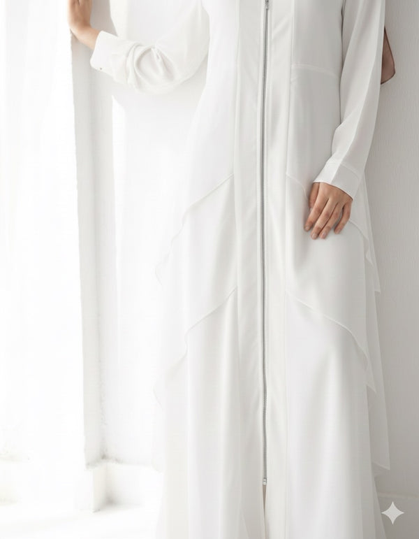 Layered Chiffon Abaya with Zipper White C161