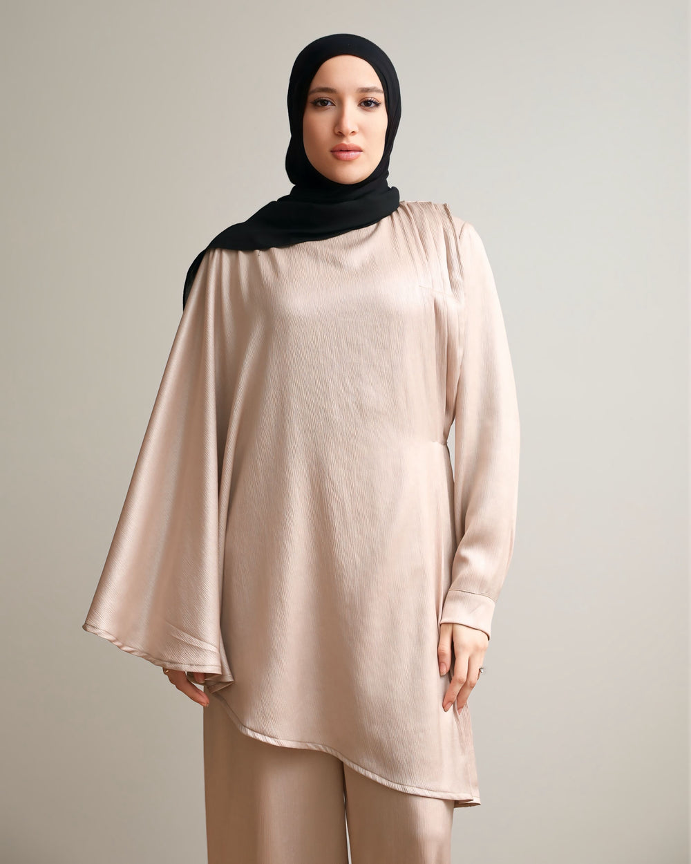 Shimmer Cape-Overlay Jumpsuit Beige C1781