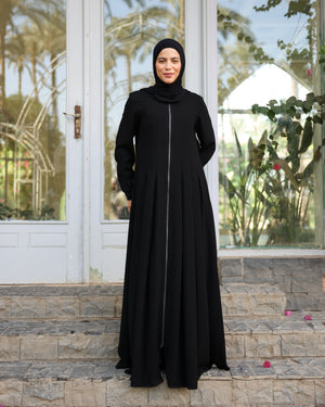 Zipper Pleated Abaya Black C289