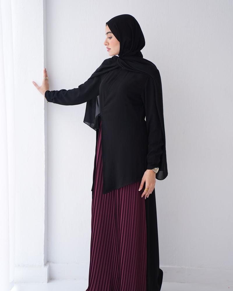 Side Wrap Pleated Abaya Burgundy C113