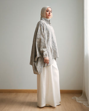 Floral Embroidered Oversized Linen Shirt Grey C2190