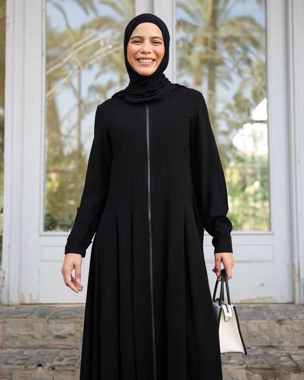 Zipper Pleated Abaya Black C289