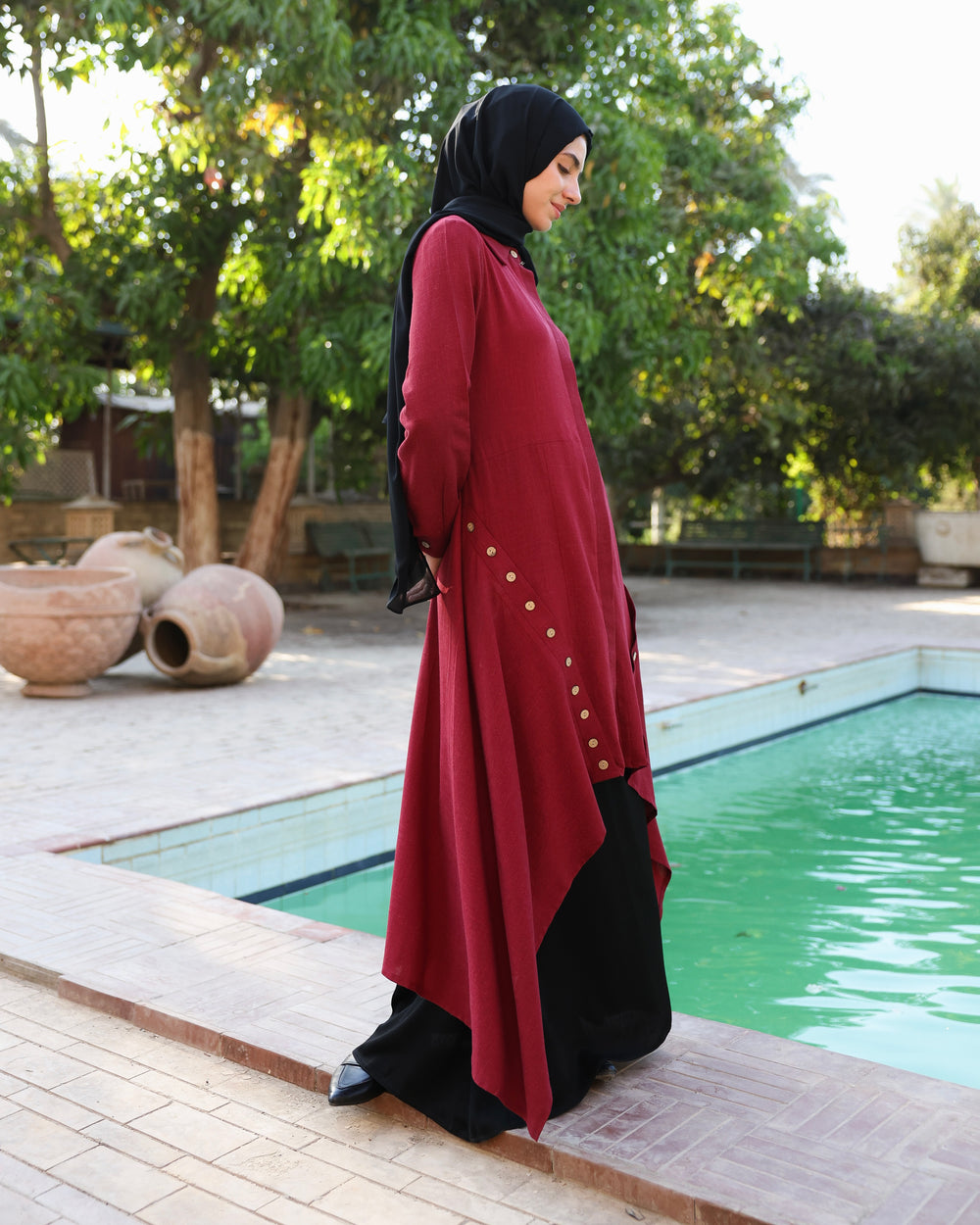 High Low Linen Buttoned Shirt Maroon C2751