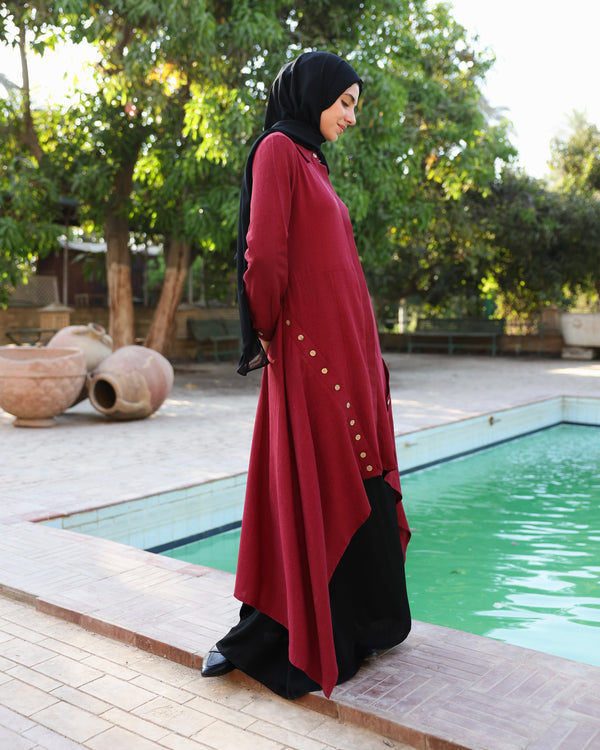 High Low Linen Buttoned Shirt Maroon C2751