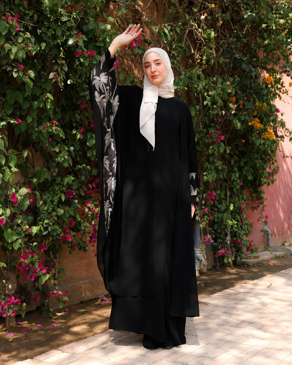 Palm Embroidered Chiffon Cape Black C2741