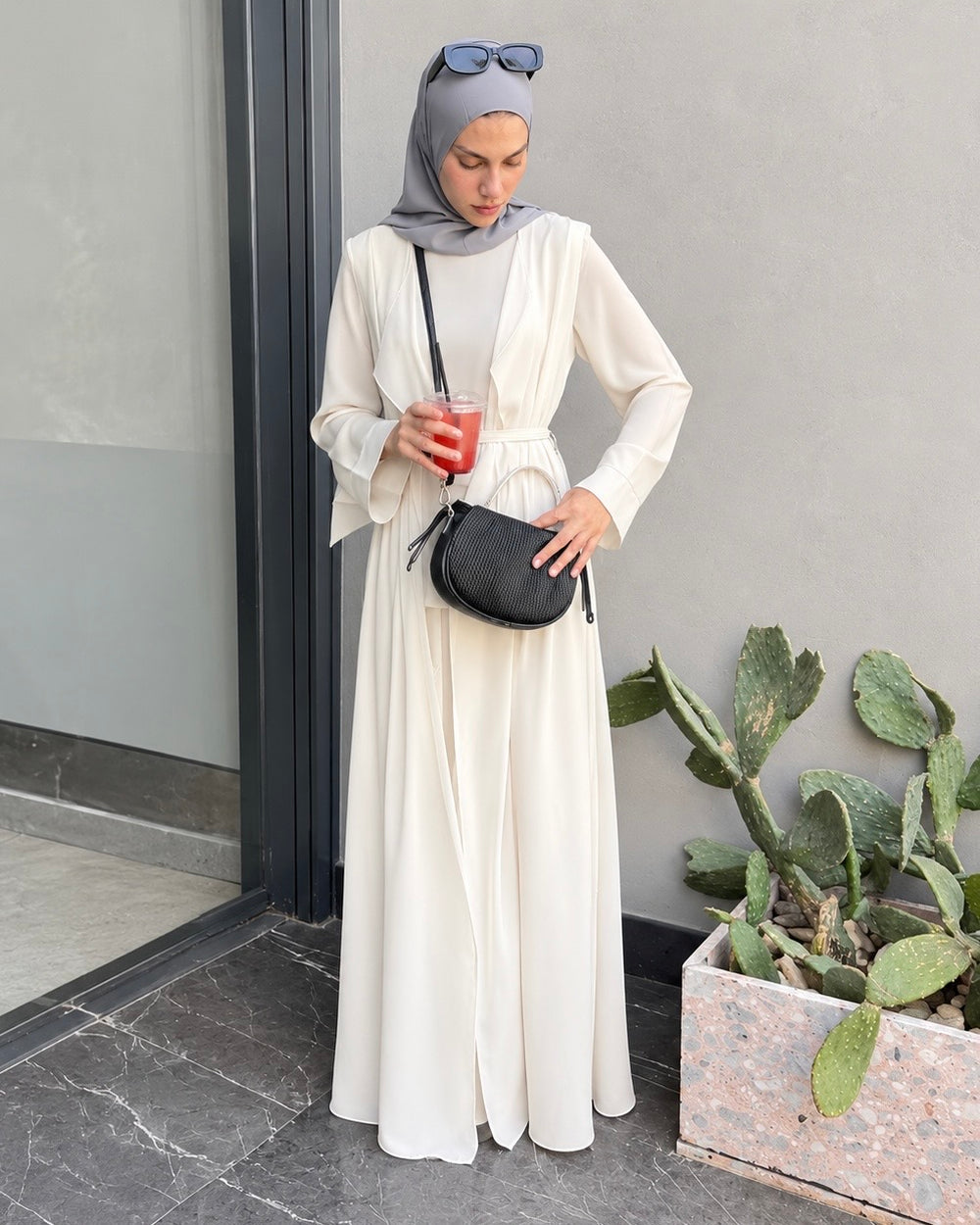 Sided Chiffon Crepe Abaya Offwhite C46